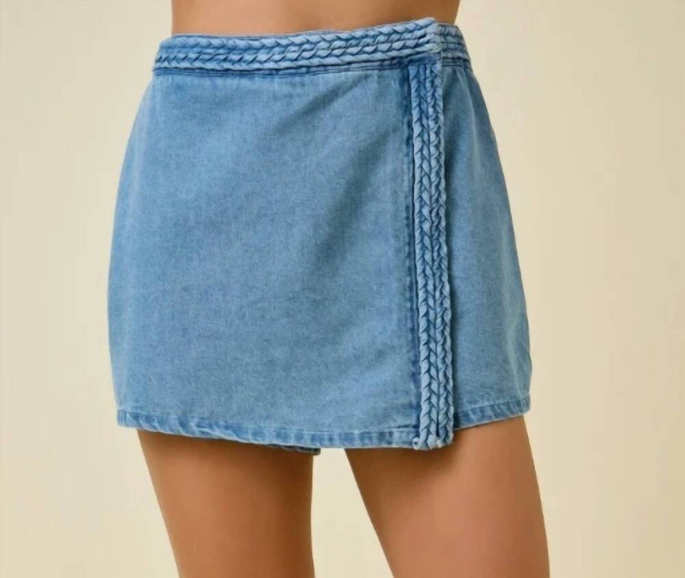 NEW DAY + MOON parker asymmetrical wrap denim skort in blue